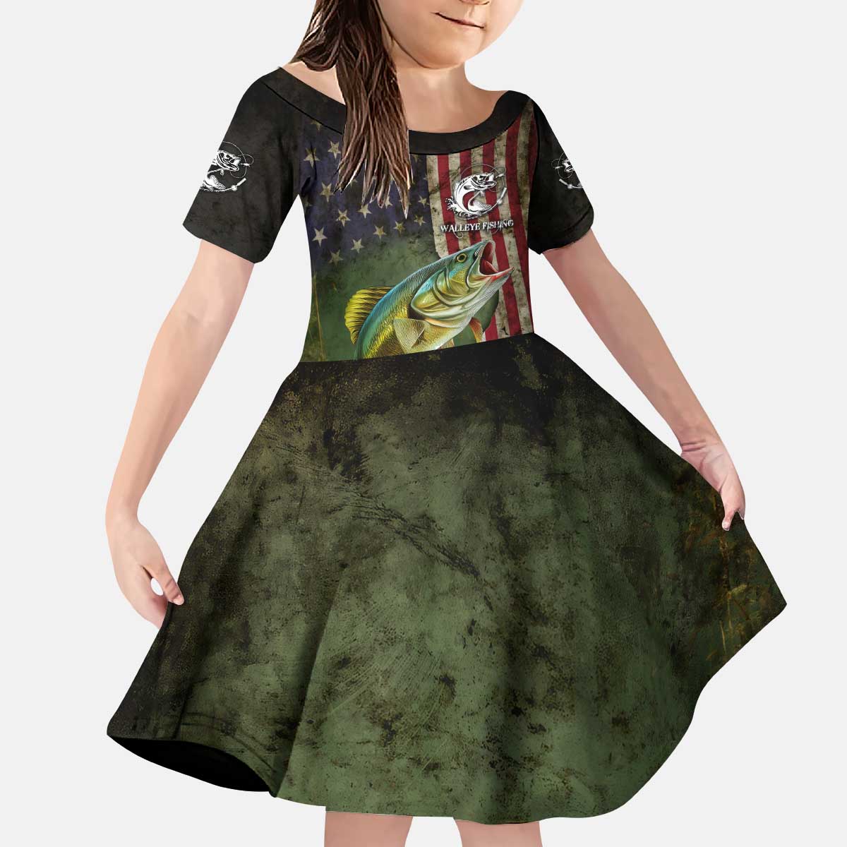 Personalized Walleye Fishing Kid Short Sleeve Dress American Flag Background and Green Grunge Style Design - Wonder Print Shop