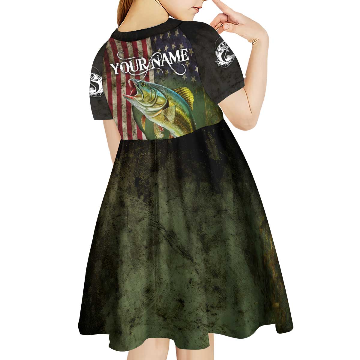 Personalized Walleye Fishing Kid Short Sleeve Dress American Flag Background and Green Grunge Style Design - Wonder Print Shop