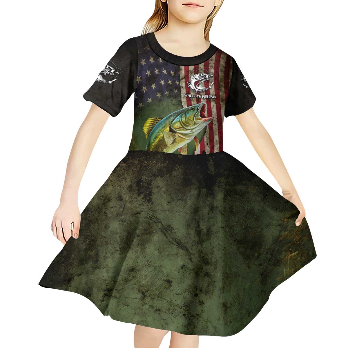 Personalized Walleye Fishing Kid Short Sleeve Dress American Flag Background and Green Grunge Style Design - Wonder Print Shop