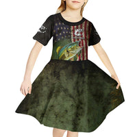 Personalized Walleye Fishing Kid Short Sleeve Dress American Flag Background and Green Grunge Style Design - Wonder Print Shop