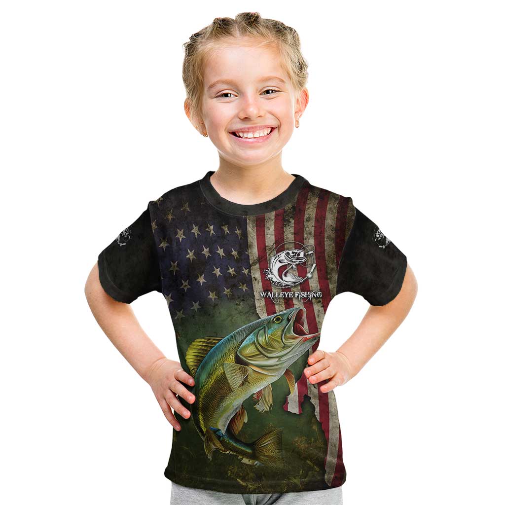 Personalized Walleye Fishing Kid T Shirt American Flag Background and Green Grunge Style Design - Wonder Print Shop