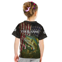Personalized Walleye Fishing Kid T Shirt American Flag Background and Green Grunge Style Design - Wonder Print Shop