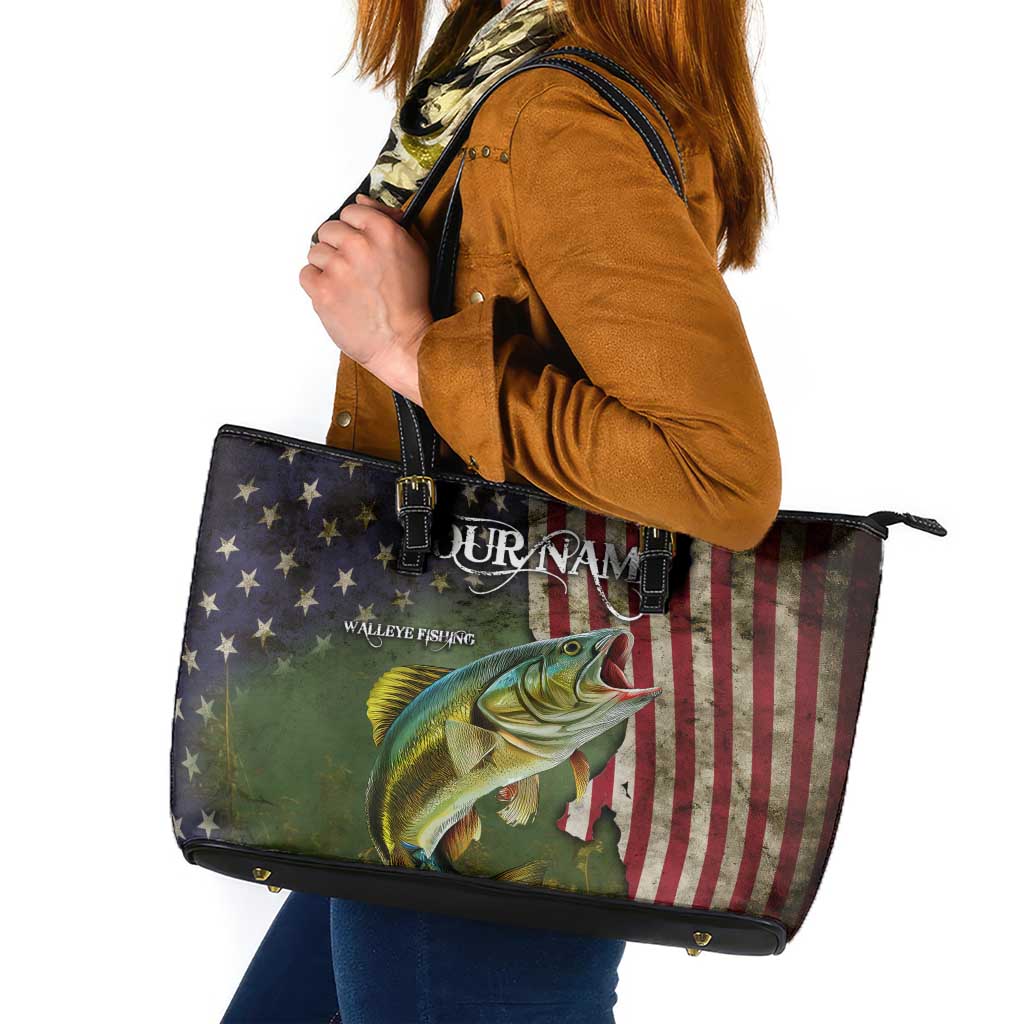 Personalized Walleye Fishing Leather Tote Bag American Flag Background and Green Grunge Style Design - Wonder Print Shop