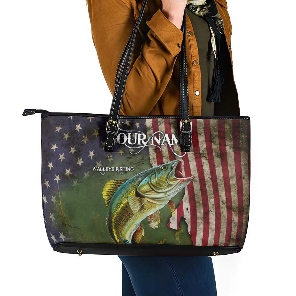 Personalized Walleye Fishing Leather Tote Bag American Flag Background and Green Grunge Style Design - Wonder Print Shop