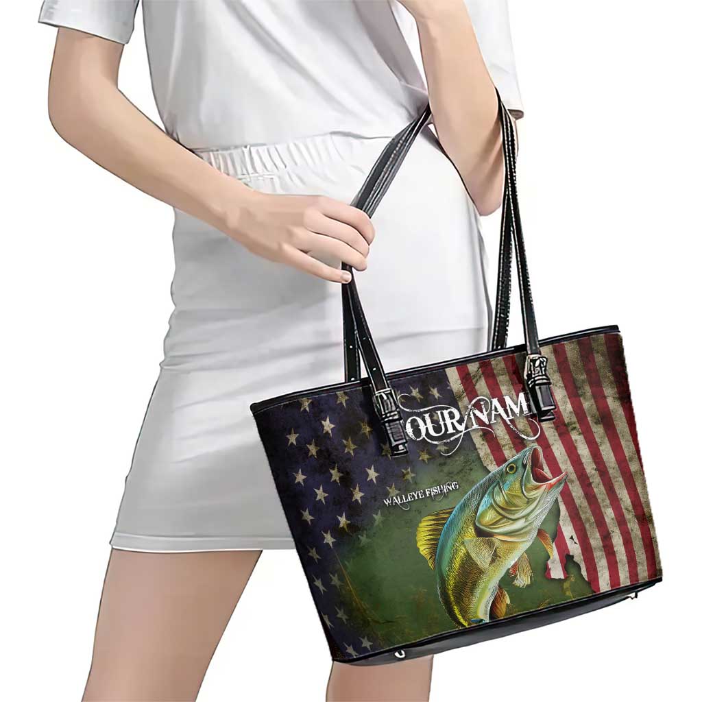 Personalized Walleye Fishing Leather Tote Bag American Flag Background and Green Grunge Style Design - Wonder Print Shop