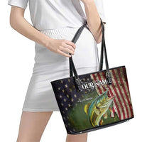 Personalized Walleye Fishing Leather Tote Bag American Flag Background and Green Grunge Style Design - Wonder Print Shop