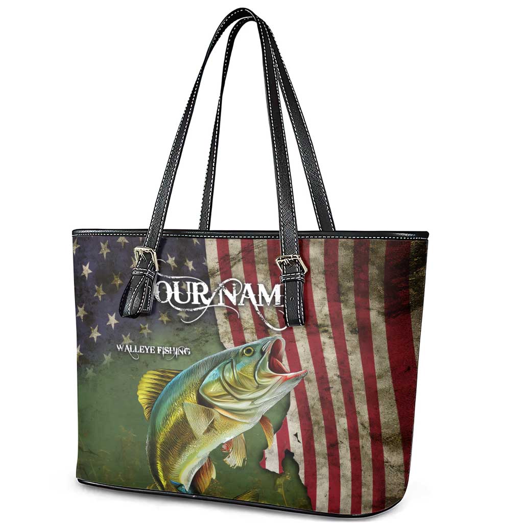 Personalized Walleye Fishing Leather Tote Bag American Flag Background and Green Grunge Style Design - Wonder Print Shop