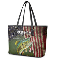 Personalized Walleye Fishing Leather Tote Bag American Flag Background and Green Grunge Style Design - Wonder Print Shop