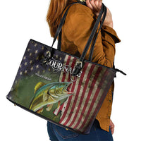 Personalized Walleye Fishing Leather Tote Bag American Flag Background and Green Grunge Style Design - Wonder Print Shop