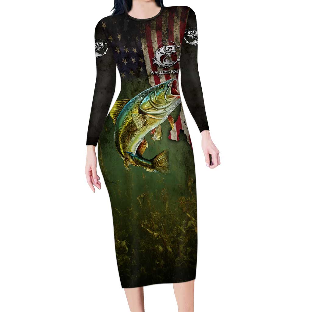 Personalized Walleye Fishing Long Sleeve Bodycon Dress American Flag Background and Green Grunge Style Design - Wonder Print Shop