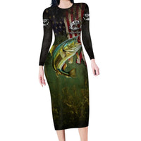 Personalized Walleye Fishing Long Sleeve Bodycon Dress American Flag Background and Green Grunge Style Design - Wonder Print Shop