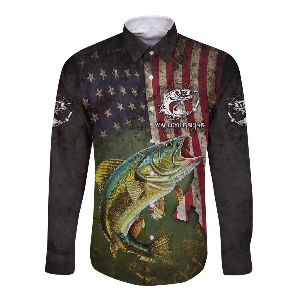 Personalized Walleye Fishing Long Sleeve Button Shirt American Flag Background and Green Grunge Style Design - Wonder Print Shop