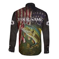 Personalized Walleye Fishing Long Sleeve Button Shirt American Flag Background and Green Grunge Style Design - Wonder Print Shop