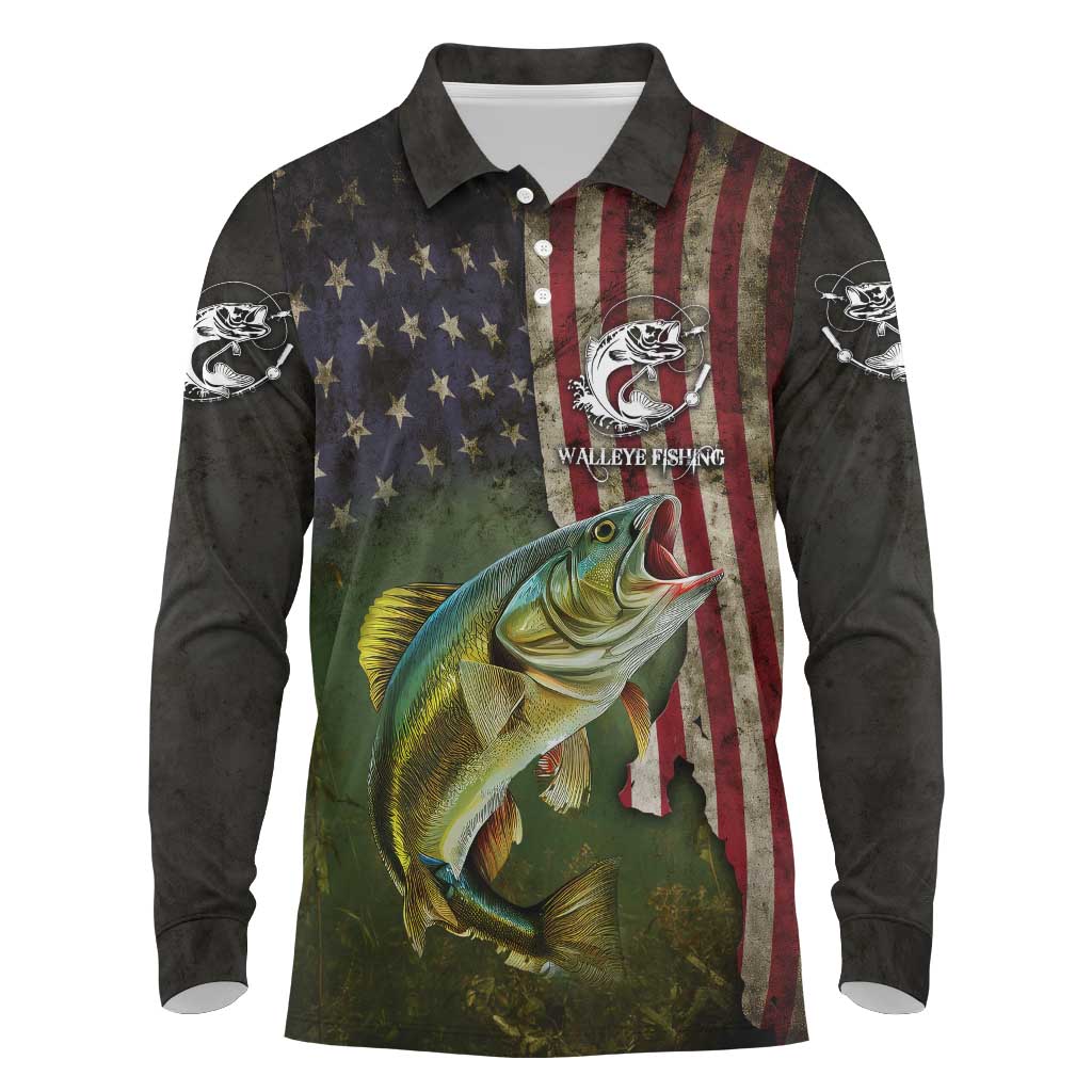 Personalized Walleye Fishing Long Sleeve Polo Shirt American Flag Background and Green Grunge Style Design - Wonder Print Shop