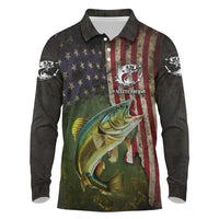 Personalized Walleye Fishing Long Sleeve Polo Shirt American Flag Background and Green Grunge Style Design - Wonder Print Shop