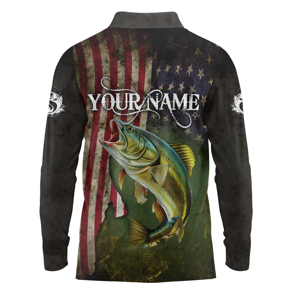 Personalized Walleye Fishing Long Sleeve Polo Shirt American Flag Background and Green Grunge Style Design - Wonder Print Shop