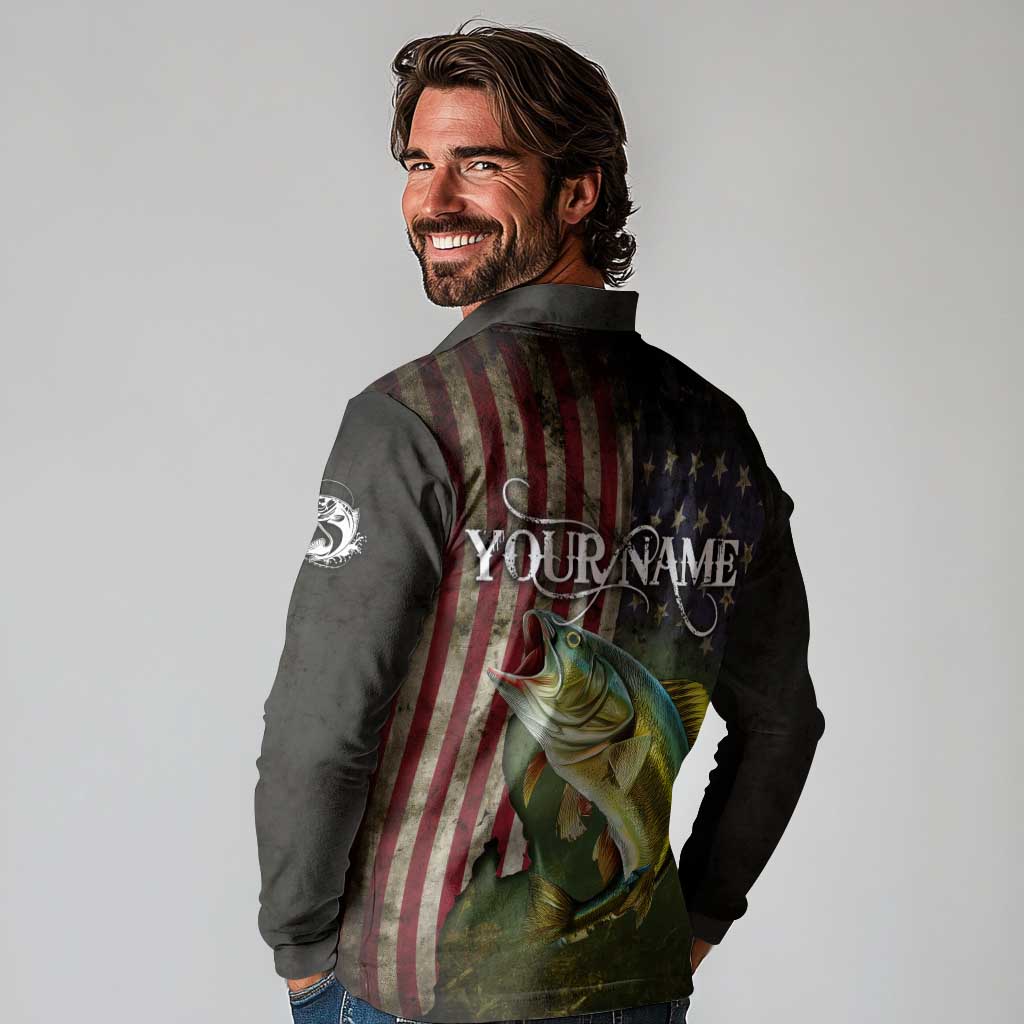 Personalized Walleye Fishing Long Sleeve Polo Shirt American Flag Background and Green Grunge Style Design - Wonder Print Shop