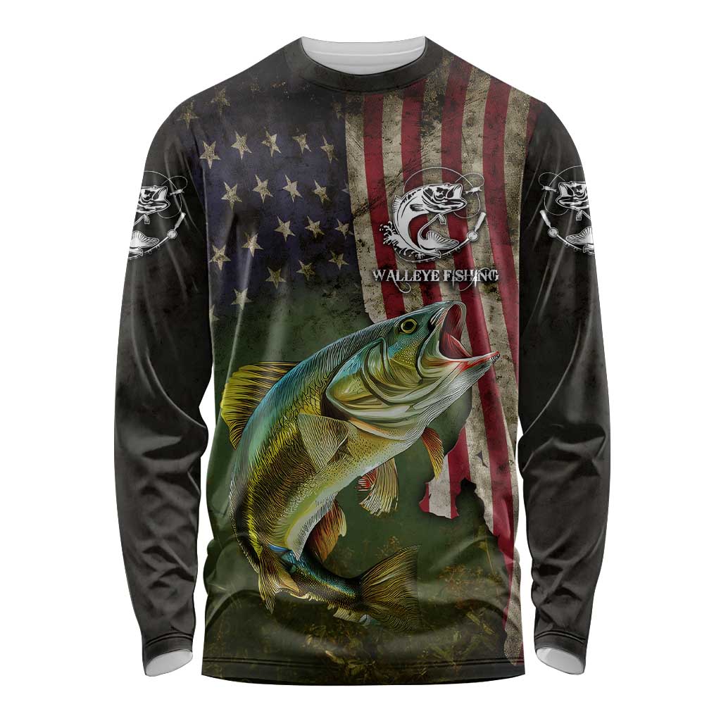 Personalized Walleye Fishing Long Sleeve Shirt American Flag Background and Green Grunge Style Design - Wonder Print Shop