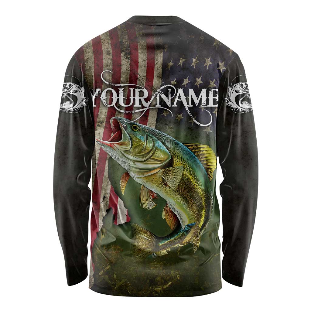 Personalized Walleye Fishing Long Sleeve Shirt American Flag Background and Green Grunge Style Design - Wonder Print Shop