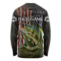 Personalized Walleye Fishing Long Sleeve Shirt American Flag Background and Green Grunge Style Design - Wonder Print Shop