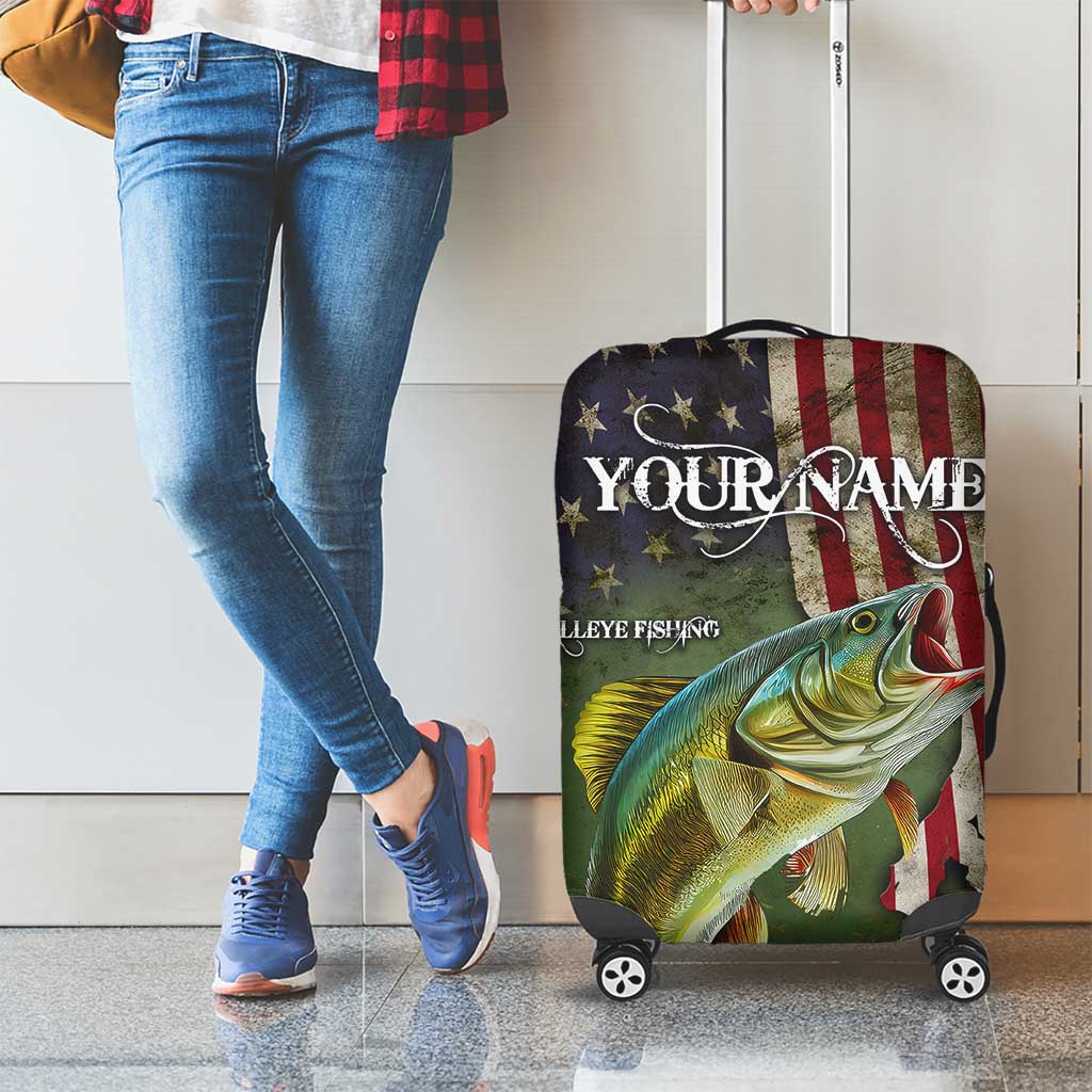 Personalized Walleye Fishing Luggage Cover American Flag Background and Green Grunge Style Design - Wonder Print Shop