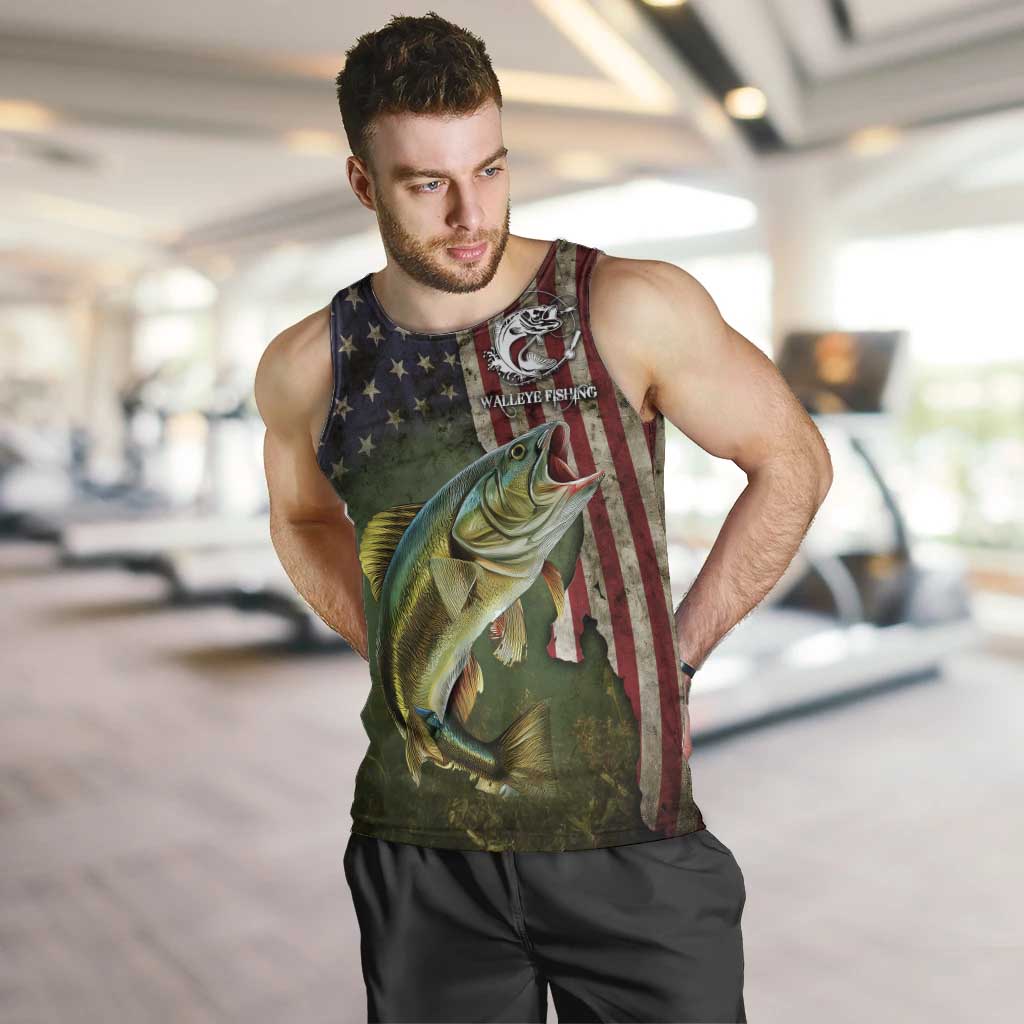 Personalized Walleye Fishing Men Tank Top American Flag Background and Green Grunge Style Design - Wonder Print Shop