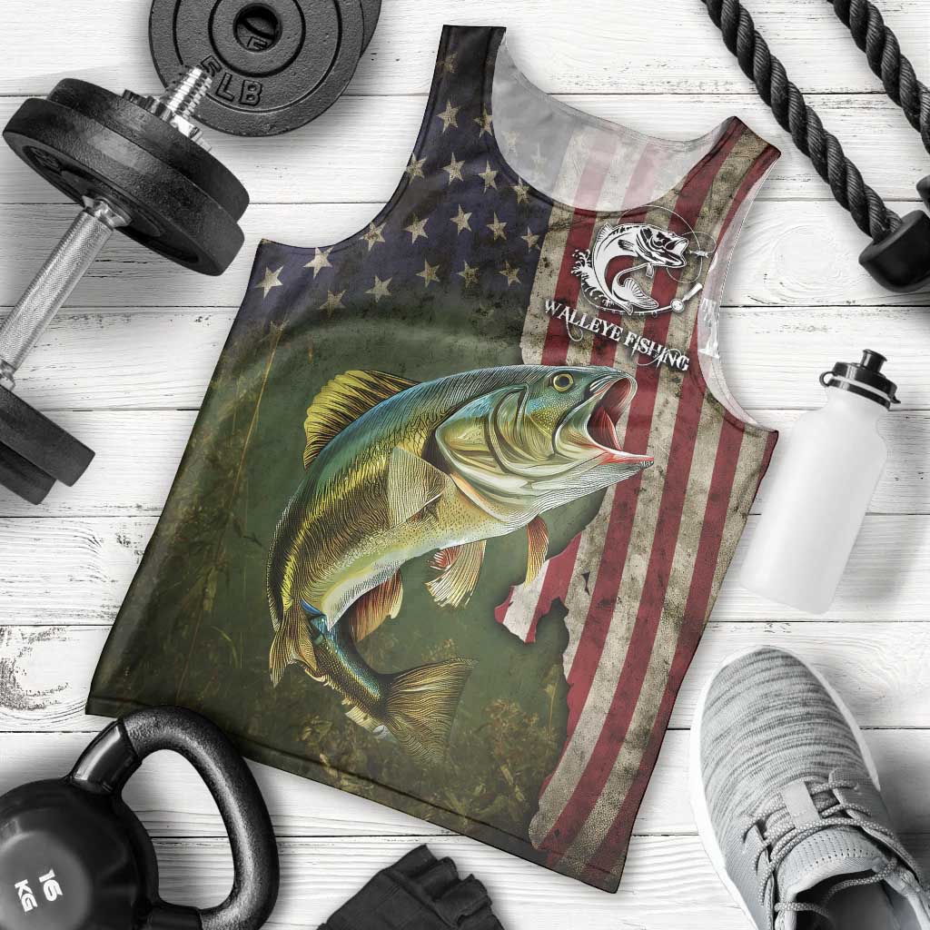 Personalized Walleye Fishing Men Tank Top American Flag Background and Green Grunge Style Design - Wonder Print Shop