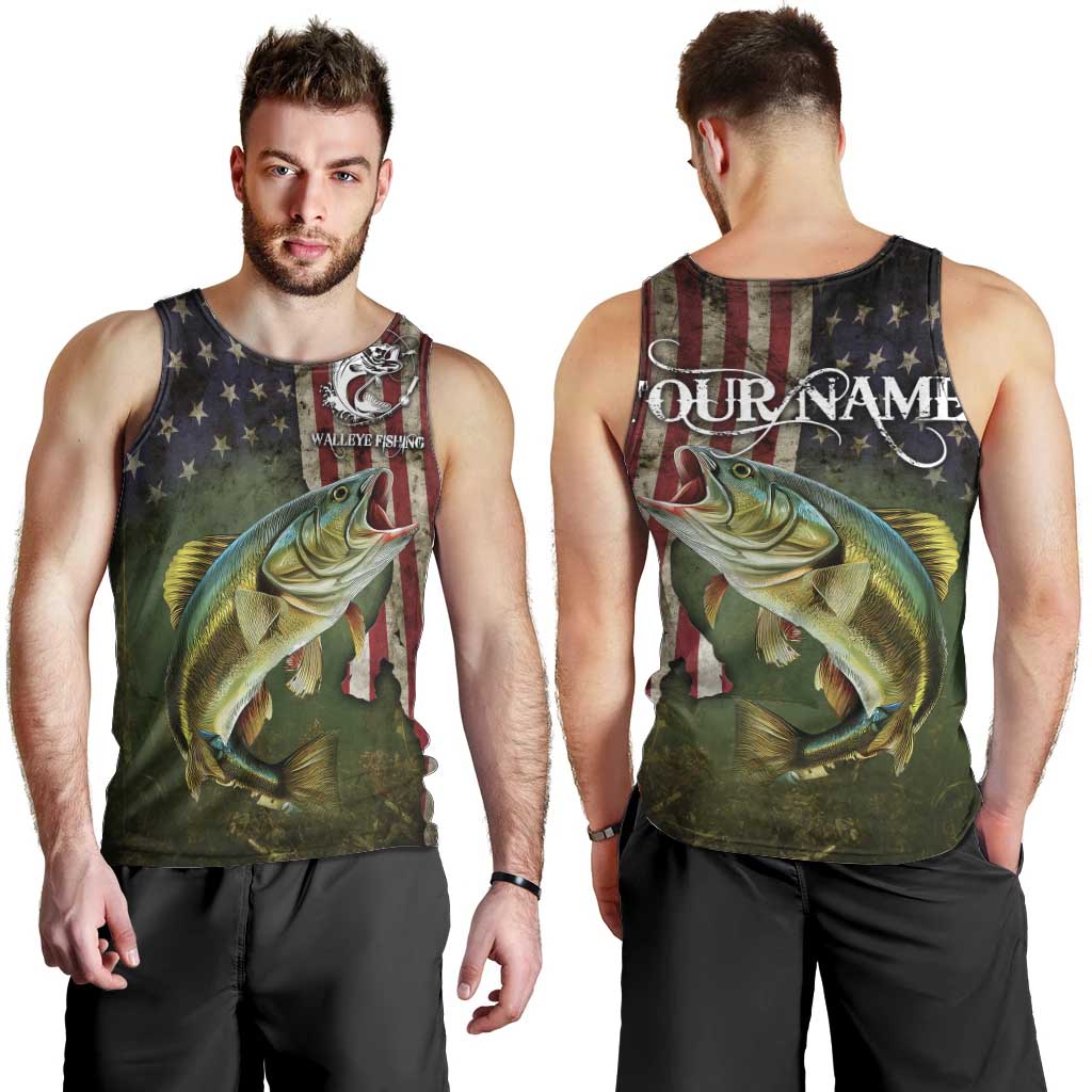 Personalized Walleye Fishing Men Tank Top American Flag Background and Green Grunge Style Design - Wonder Print Shop