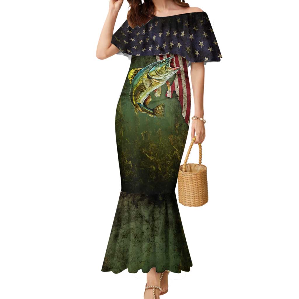 Personalized Walleye Fishing Mermaid Dress American Flag Background and Green Grunge Style Design - Wonder Print Shop