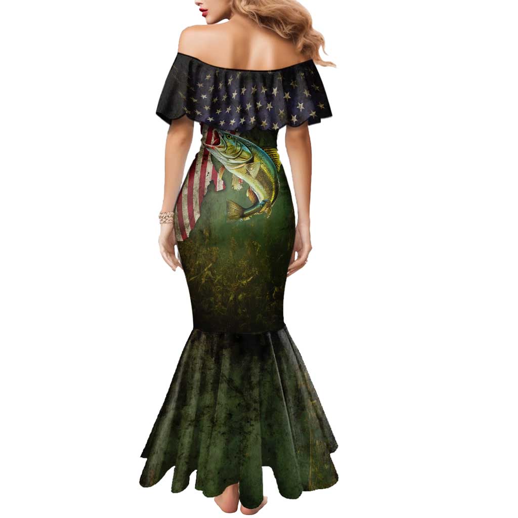 Personalized Walleye Fishing Mermaid Dress American Flag Background and Green Grunge Style Design - Wonder Print Shop
