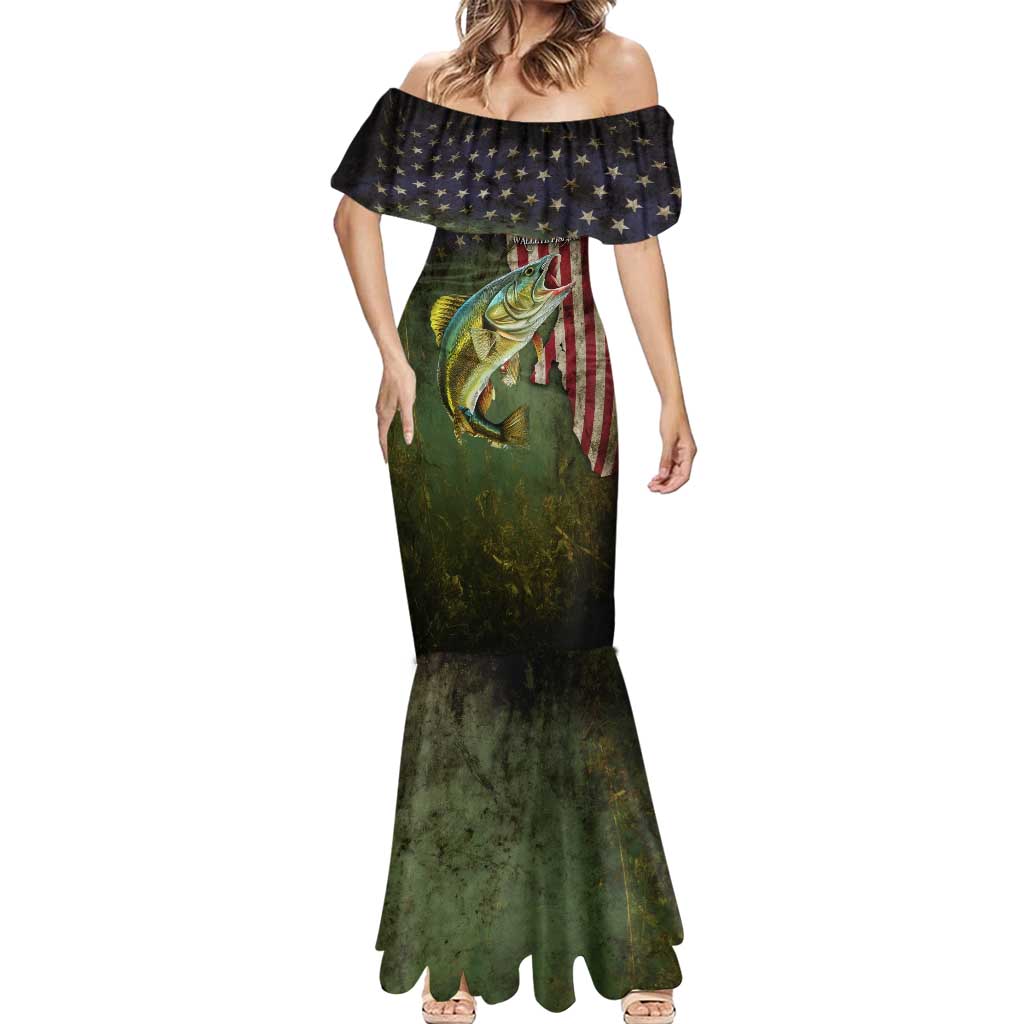 Personalized Walleye Fishing Mermaid Dress American Flag Background and Green Grunge Style Design - Wonder Print Shop