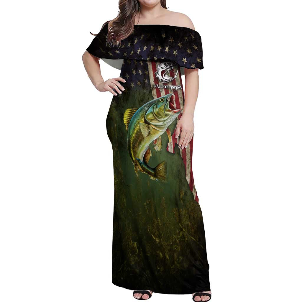 Personalized Walleye Fishing Off Shoulder Maxi Dress American Flag Background and Green Grunge Style Design - Wonder Print Shop