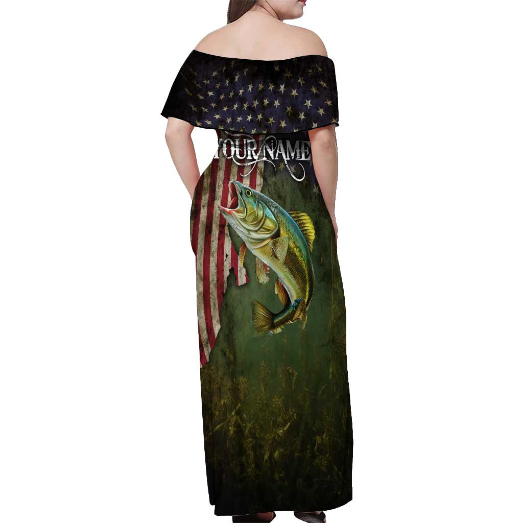 Personalized Walleye Fishing Off Shoulder Maxi Dress American Flag Background and Green Grunge Style Design - Wonder Print Shop
