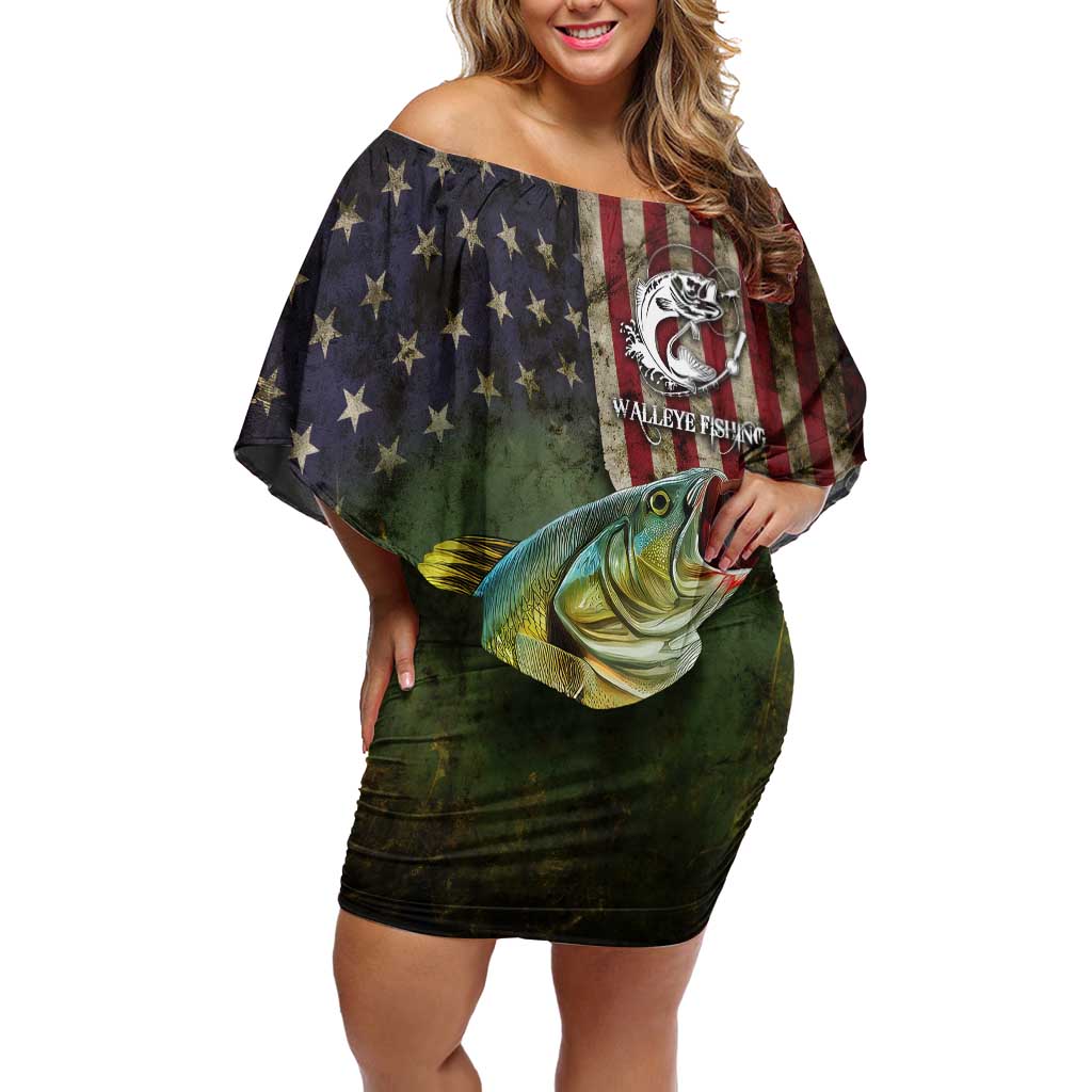 Personalized Walleye Fishing Off Shoulder Short Dress American Flag Background and Green Grunge Style Design - Wonder Print Shop