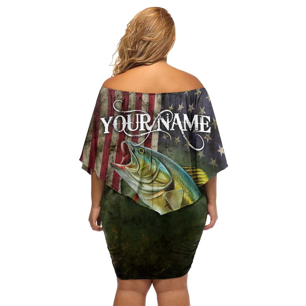 Personalized Walleye Fishing Off Shoulder Short Dress American Flag Background and Green Grunge Style Design - Wonder Print Shop