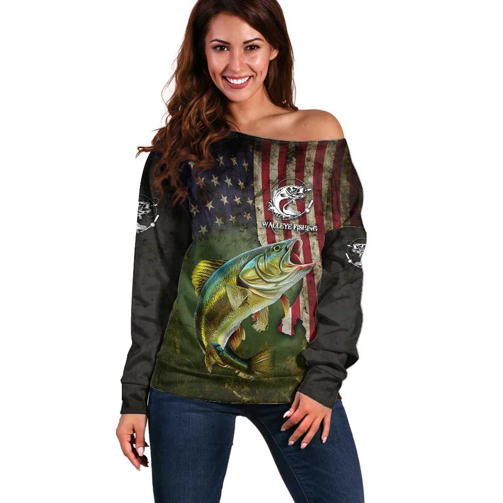Personalized Walleye Fishing Off Shoulder Sweater American Flag Background and Green Grunge Style Design - Wonder Print Shop