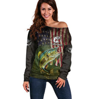 Personalized Walleye Fishing Off Shoulder Sweater American Flag Background and Green Grunge Style Design - Wonder Print Shop