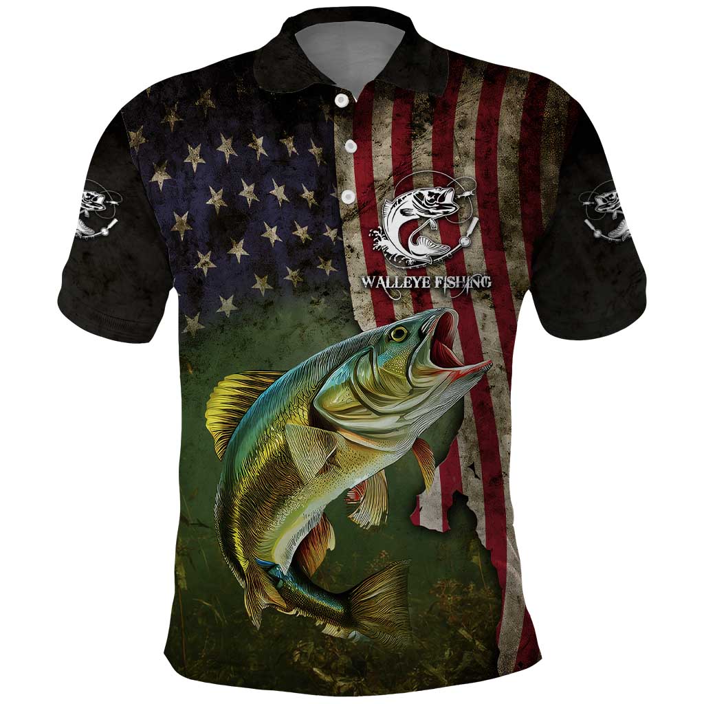 Personalized Walleye Fishing Polo Shirt American Flag Background and Green Grunge Style Design - Wonder Print Shop