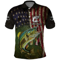 Personalized Walleye Fishing Polo Shirt American Flag Background and Green Grunge Style Design - Wonder Print Shop
