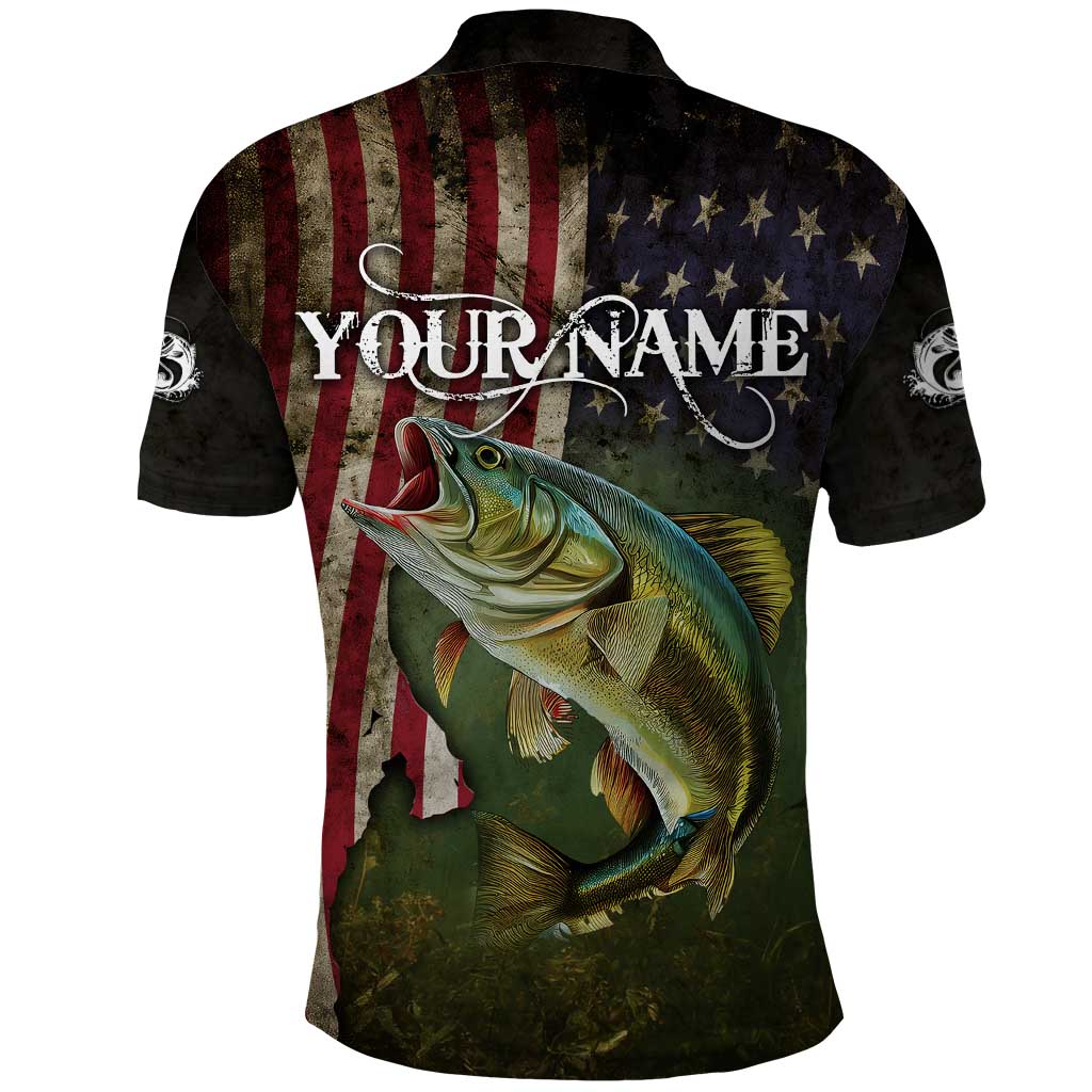 Personalized Walleye Fishing Polo Shirt American Flag Background and Green Grunge Style Design - Wonder Print Shop