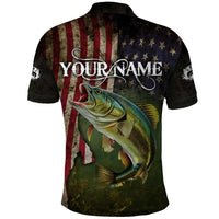 Personalized Walleye Fishing Polo Shirt American Flag Background and Green Grunge Style Design - Wonder Print Shop