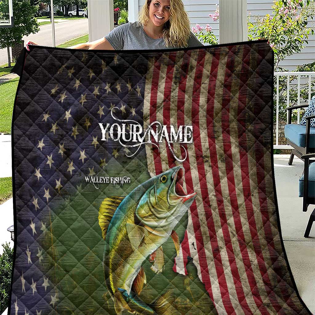 Personalized Walleye Fishing Quilt American Flag Background and Green Grunge Style Design - Wonder Print Shop