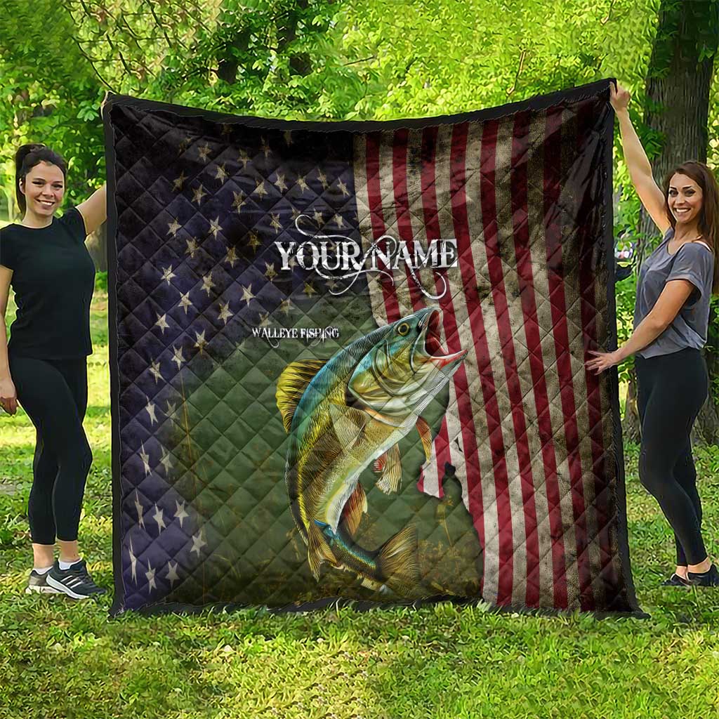 Personalized Walleye Fishing Quilt American Flag Background and Green Grunge Style Design - Wonder Print Shop