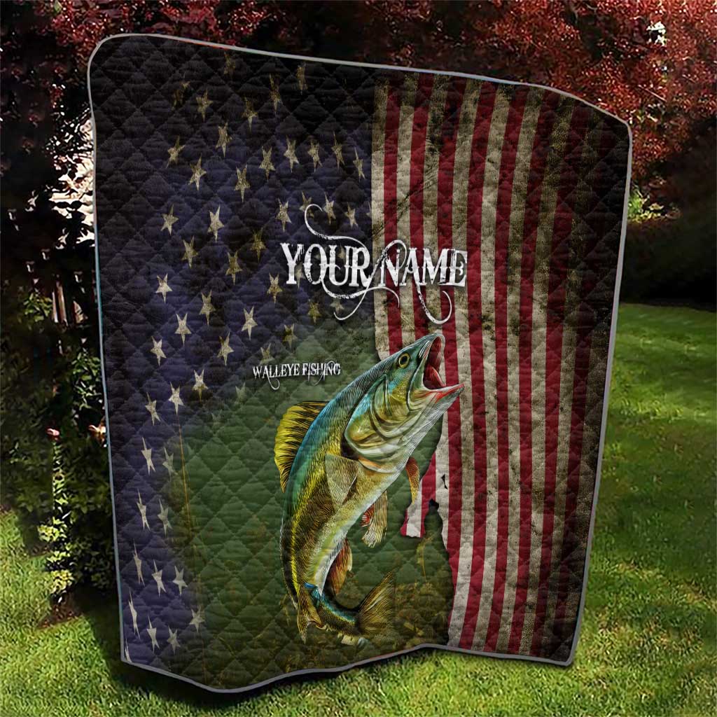 Personalized Walleye Fishing Quilt American Flag Background and Green Grunge Style Design - Wonder Print Shop