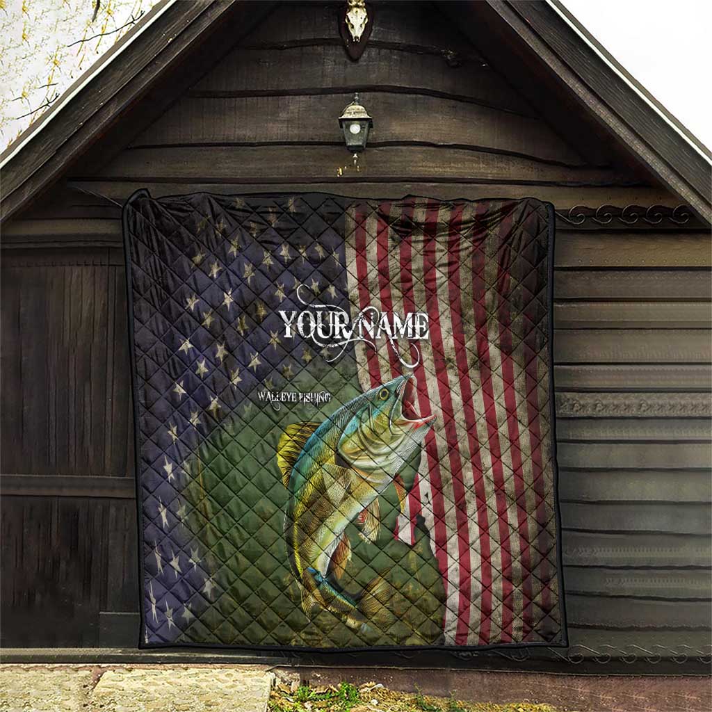 Personalized Walleye Fishing Quilt American Flag Background and Green Grunge Style Design - Wonder Print Shop