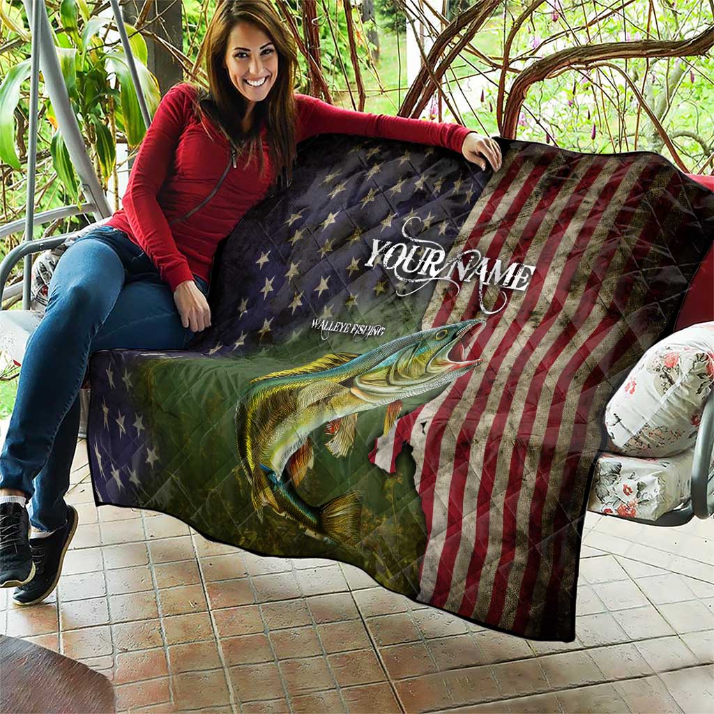 Personalized Walleye Fishing Quilt American Flag Background and Green Grunge Style Design - Wonder Print Shop