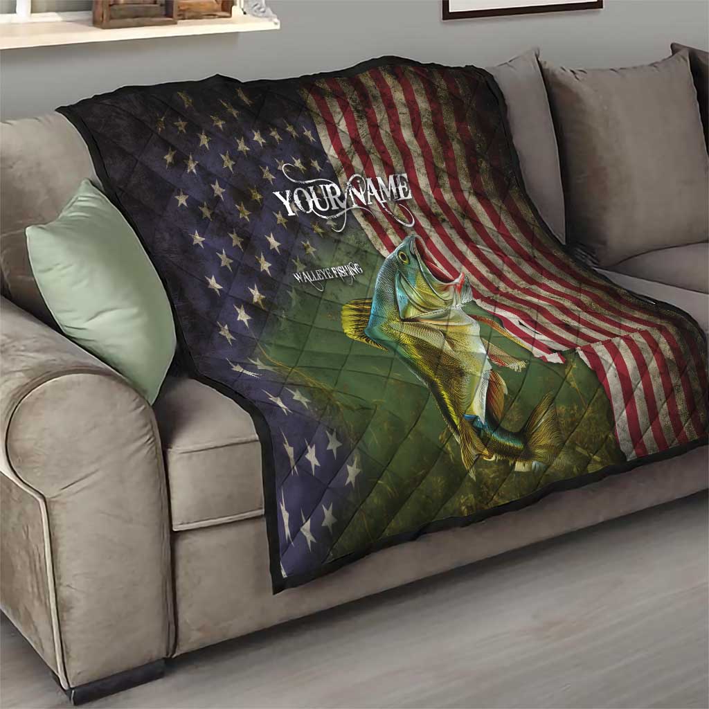 Personalized Walleye Fishing Quilt American Flag Background and Green Grunge Style Design - Wonder Print Shop