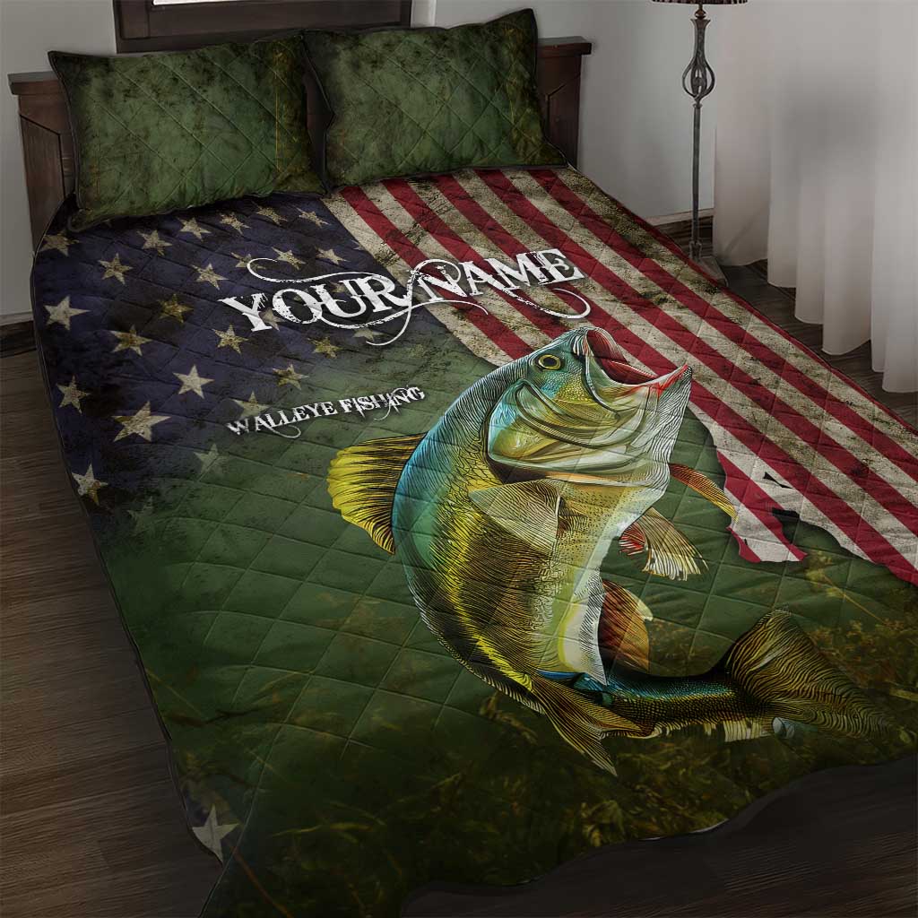 Personalized Walleye Fishing Quilt Bed Set American Flag Background and Green Grunge Style Design - Wonder Print Shop