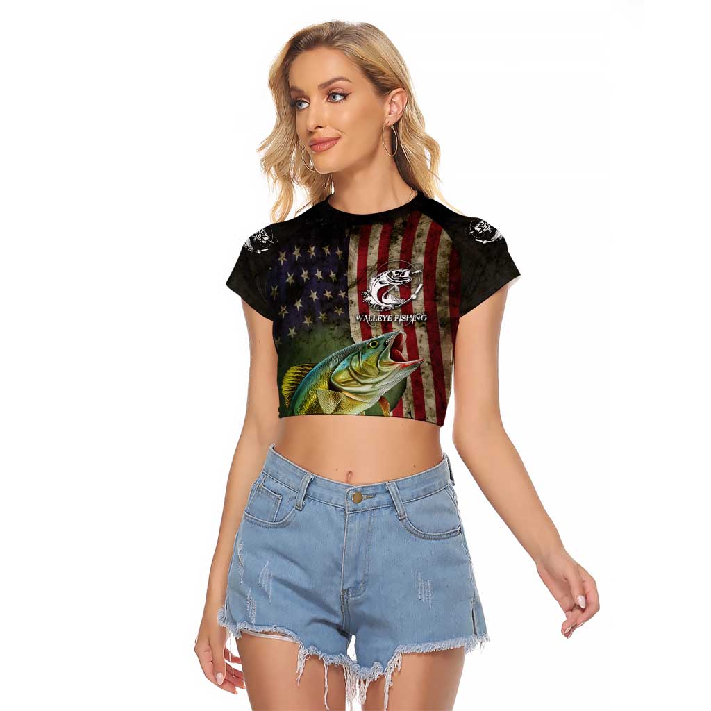 Personalized Walleye Fishing Raglan Cropped T Shirt American Flag Background and Green Grunge Style Design - Wonder Print Shop