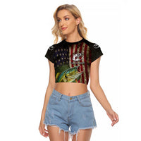 Personalized Walleye Fishing Raglan Cropped T Shirt American Flag Background and Green Grunge Style Design - Wonder Print Shop